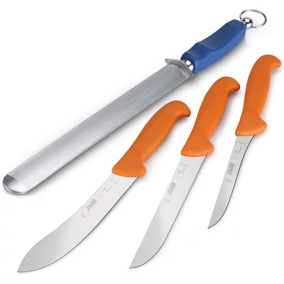 JMB Késkészlet, 3 db-os, professzionális (svéd Sandvik acél) + TAIDEA fenőacél (Lapos - 30 cm) JMB Késkészlet, 3 db-os, professzionális (svéd Sandvik acél) + TAIDEA fenőacél (Lapos - 30 cm)