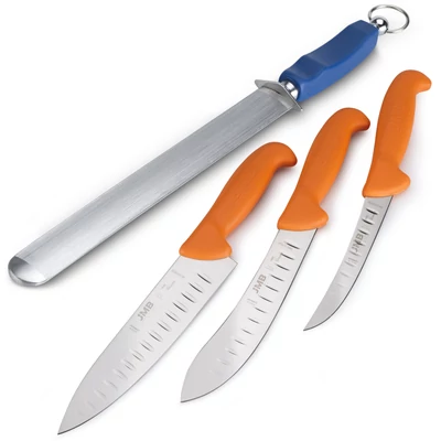 JMB Késkészlet, 3 db-os, professzionális (svéd Sandvik acél), könnyített pengével + TAIDEA fenőacél (Lapos - 30 cm) JMB Késkészlet, 3 db-os, professzionális (svéd Sandvik acél), könnyített pengével + TAIDEA fenőacél (Lapos - 30 cm)